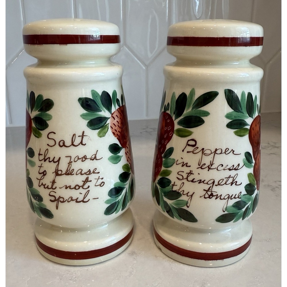 Vintage Bauer Pottery Salt & Pepper Shaker Hand Painted Strawberry & Leaf Quotes